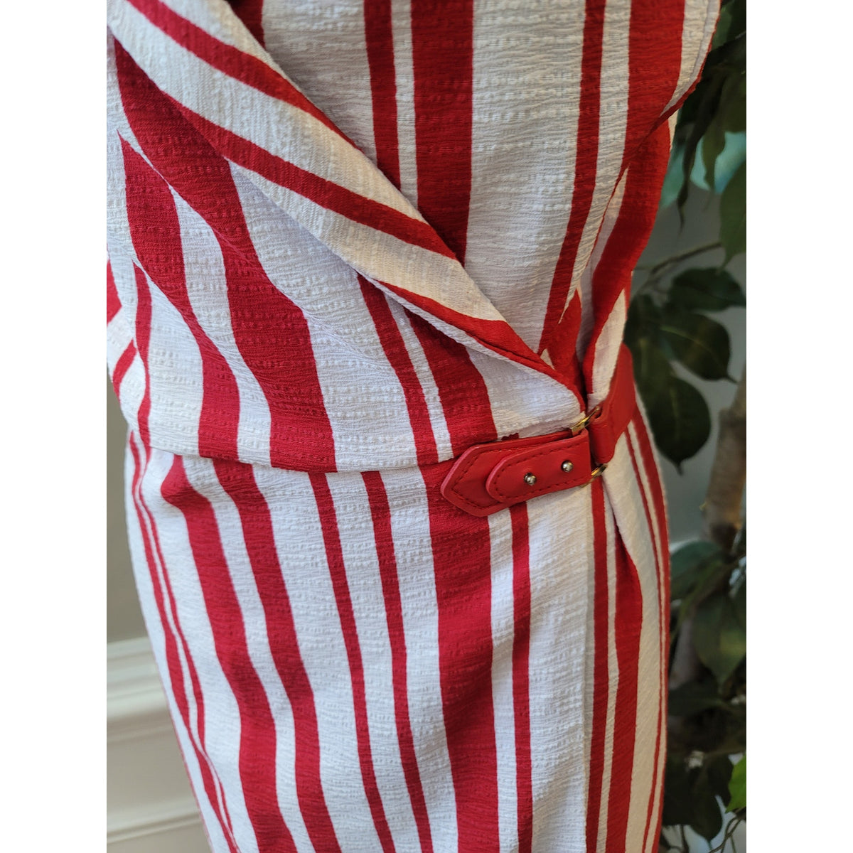 Ashley Stewart Maxi Dress Womens 22 Red White Striped Shawl Lapel Party/Cocktail