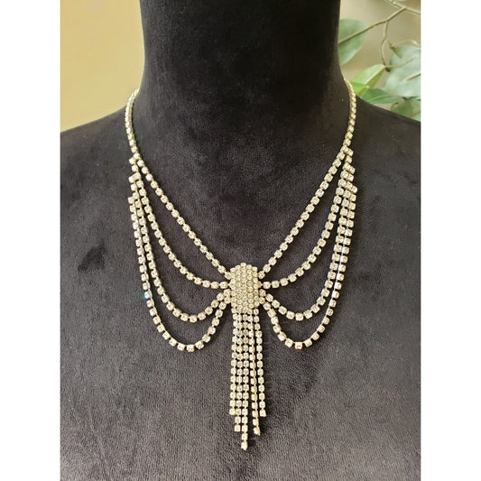 Women's Gold & White Multi Chain Tassel Top Of A Simple Mock Neck Necklace