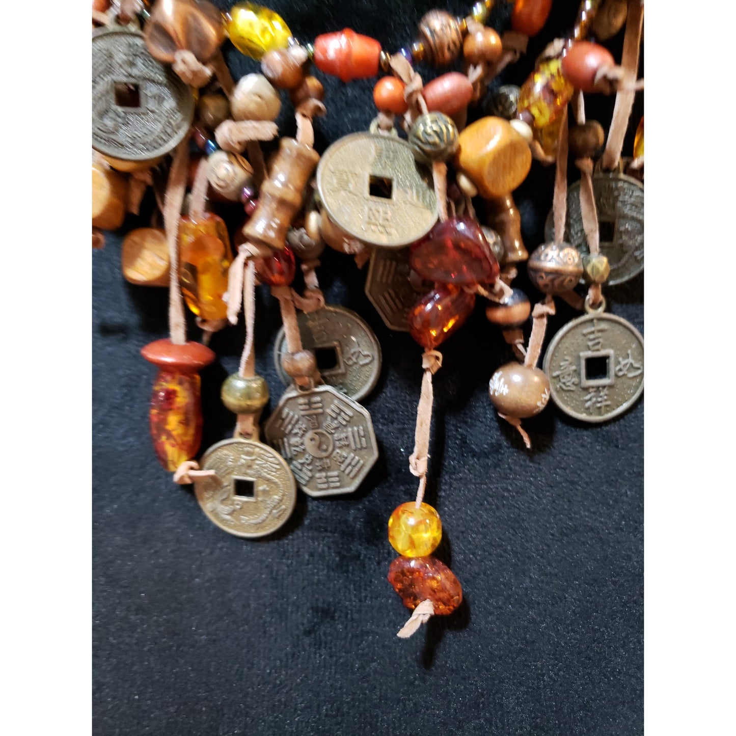Women Boho Multi Coin Stones Beads Suede Cord Charm Cluster Bib Necklace Jewelry