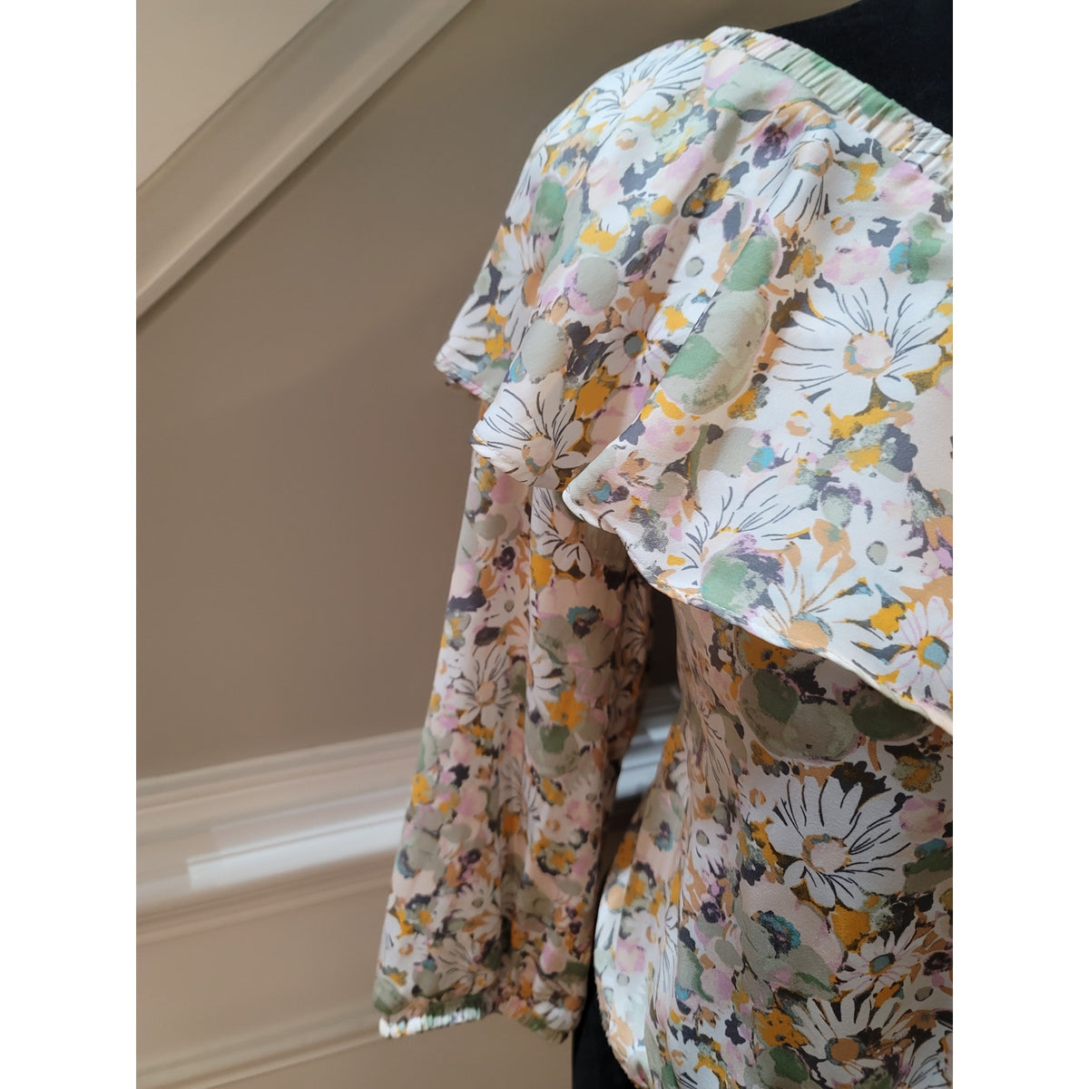 Lauren Conrad Blouse Top Womens Medium Multicolor Floral One Shoulder Ruffle Tie
