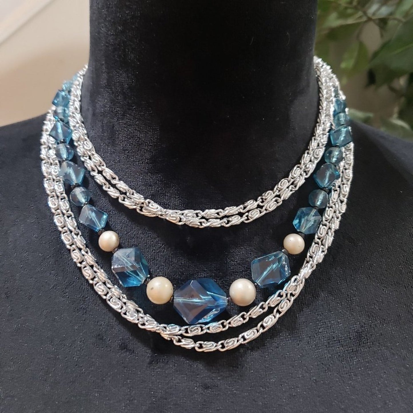 Womens Bohemian Multi Strand Faux Pearl Blue Beaded Silver Tone Chain Necklace