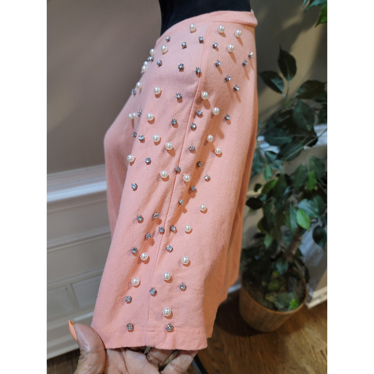 INC Blouse Top Women's Medium Peach Rhinestone Pearl Half Sleeves Crew Neck