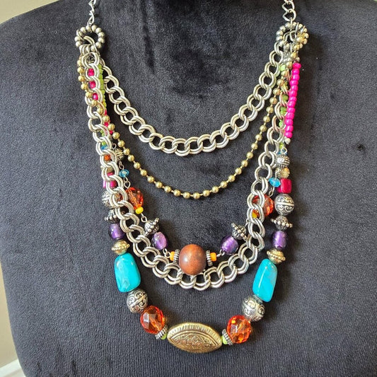 Women Multicolor Beaded Multiple Layered Chain Necklace Jewelry w/ Lobster Clasp