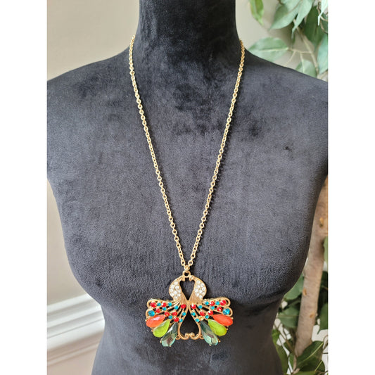 Women's Colorful Peacock Pendant Necklace with Gold Chain and Crystal Accents