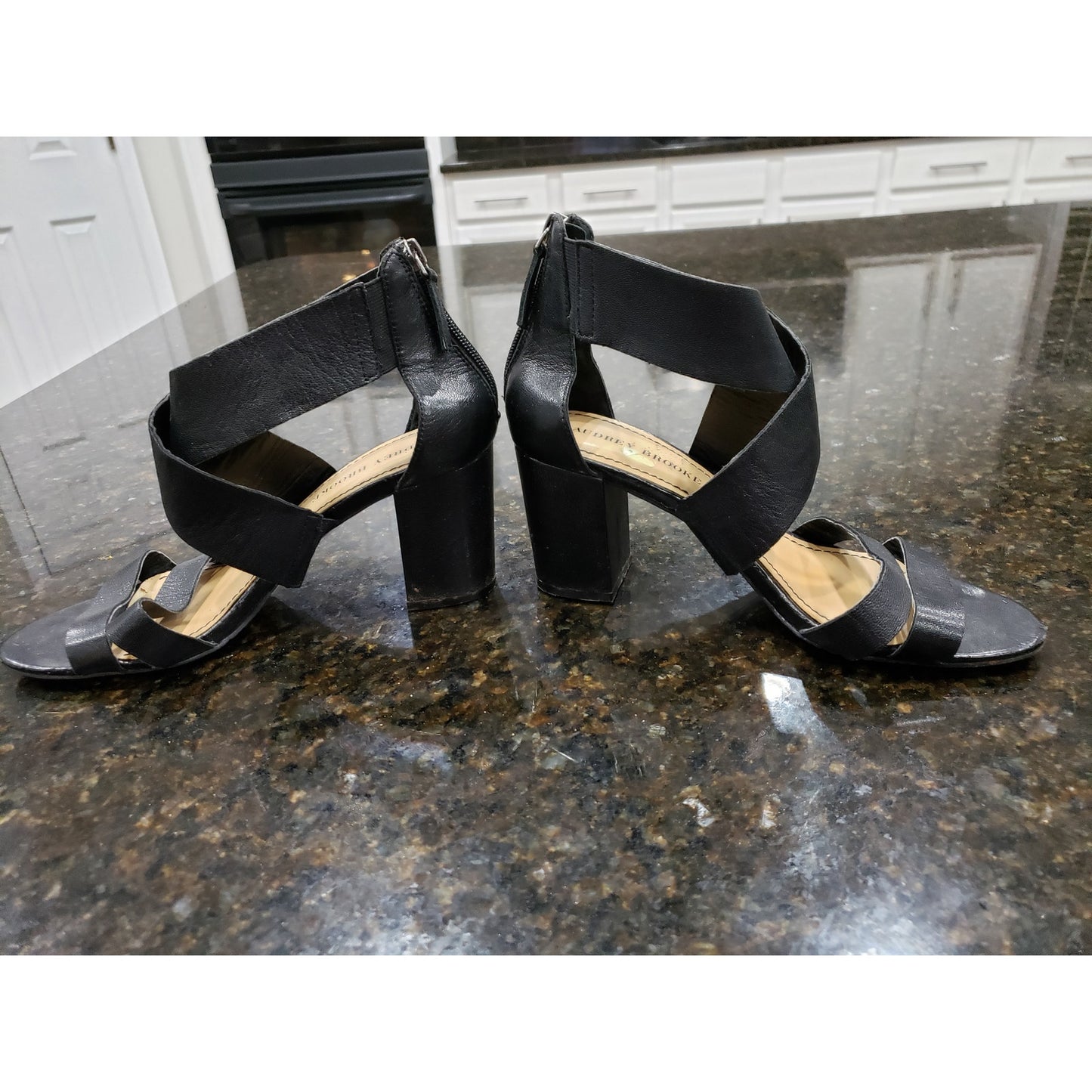 Audrey Brooke Sandal Womens Size 9 Black Leather Double Two Straps Block Heel