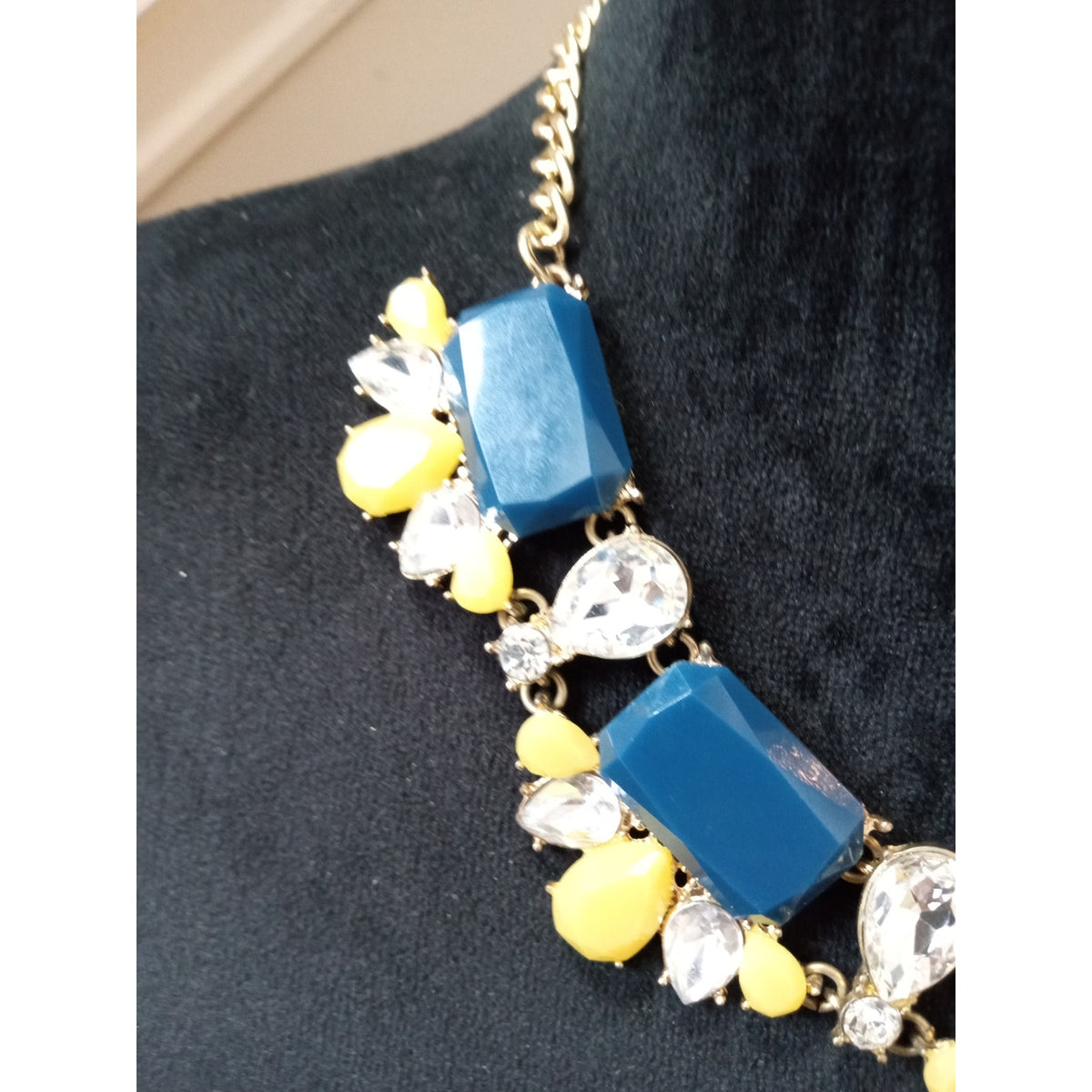 Blue Yellow Crystal Statement Necklace Gold Tone Rhinestone Bib Collar Necklace