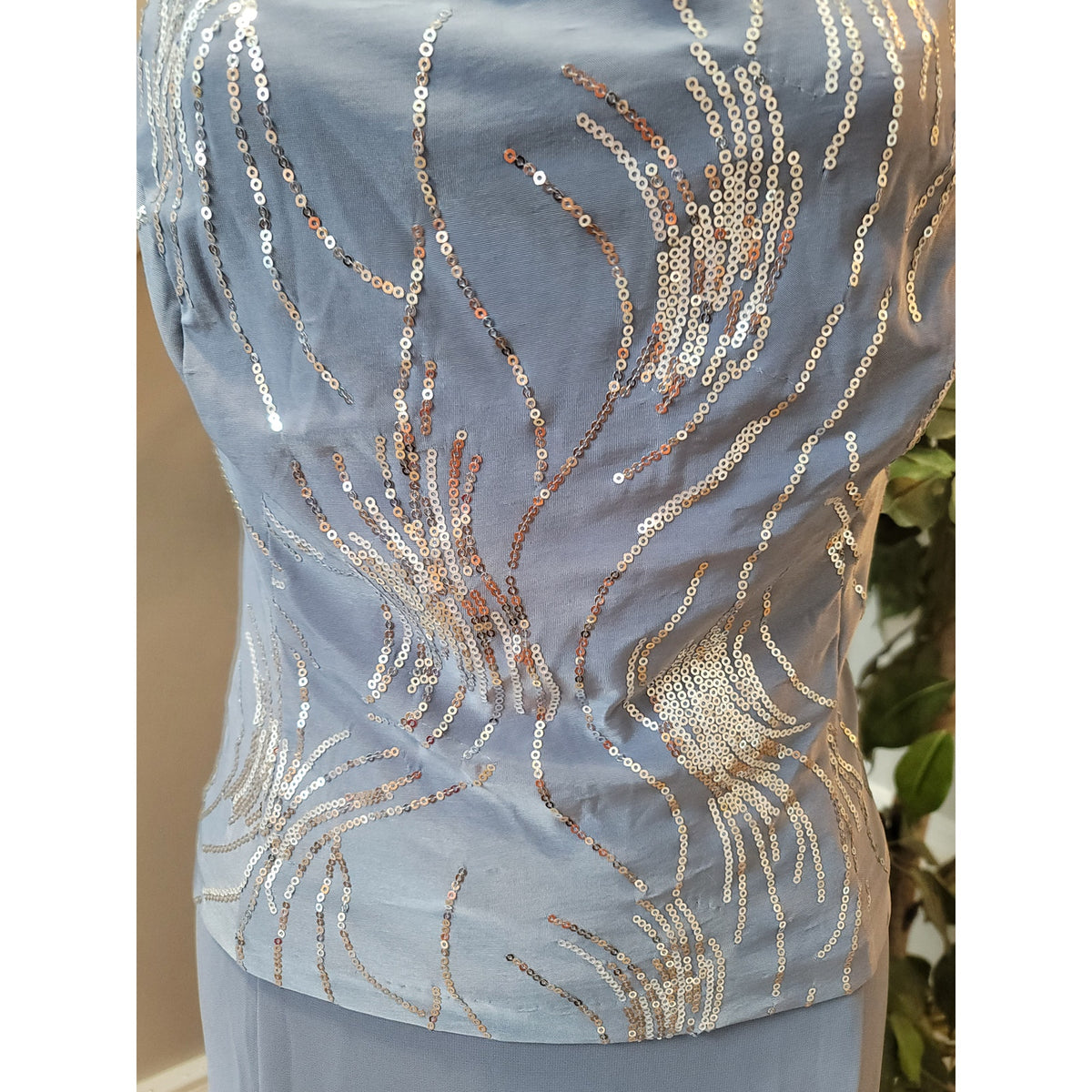Alex Evenings Skirt Suit Women's SZ 18 Slate Blue Sequin Square Neck Back Zipper