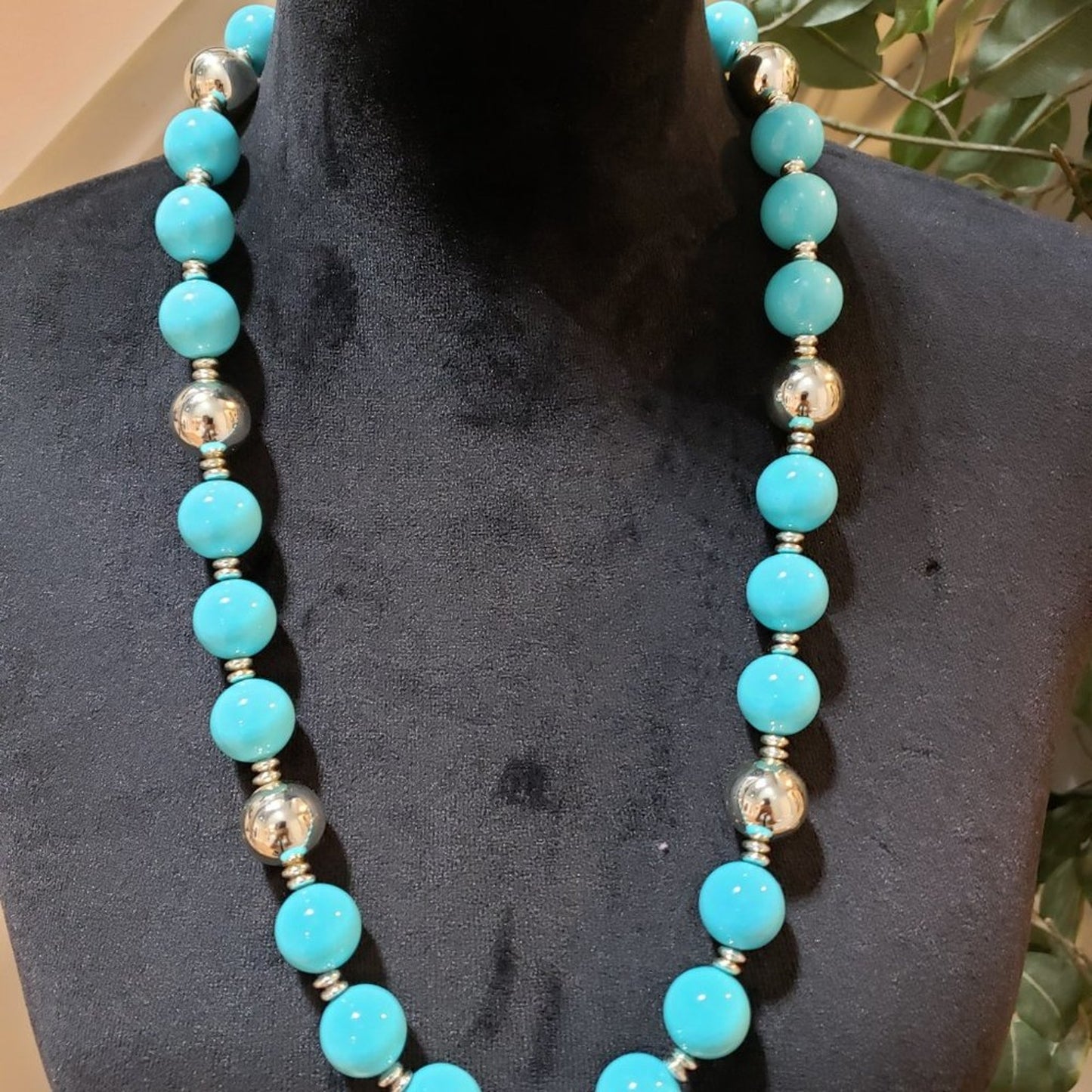 Womens Fashion Blue Round Gemstone Beads Collar Necklace with Spring Ring Clasp