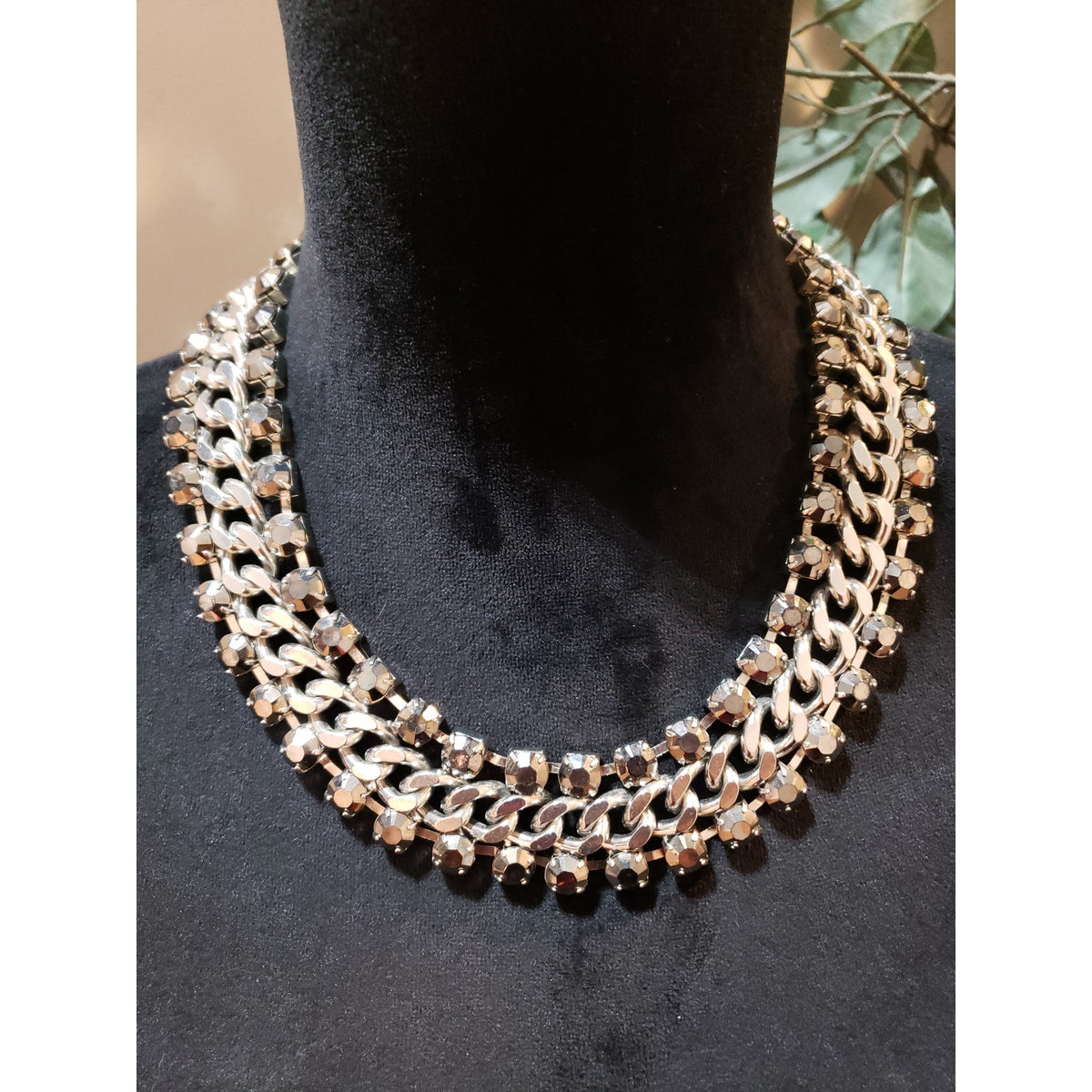 Womens Copper Tone Double Link Rhinestones Trim on Curb Chain Collar Necklace
