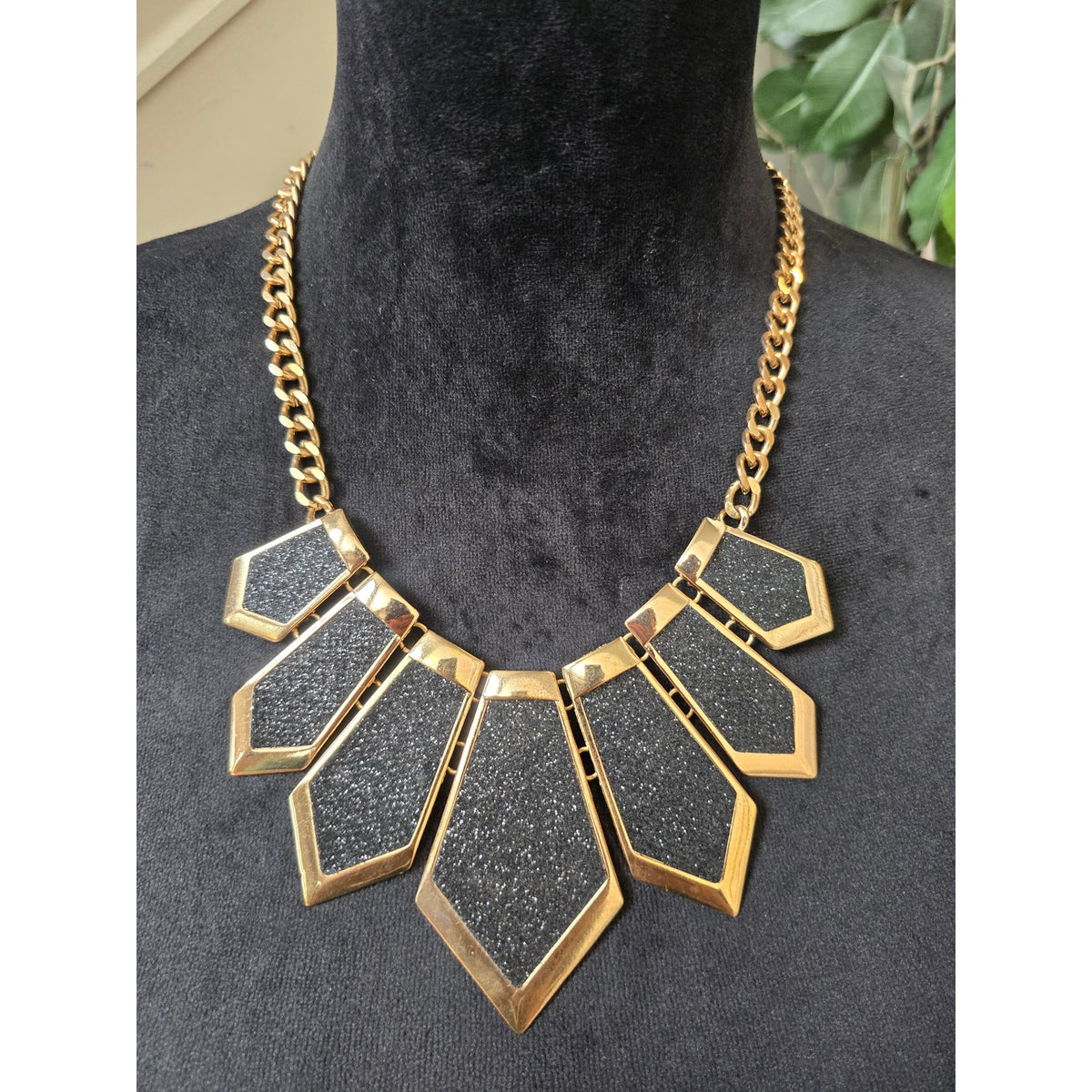 Black Gold Geometric Bib Statement Necklace