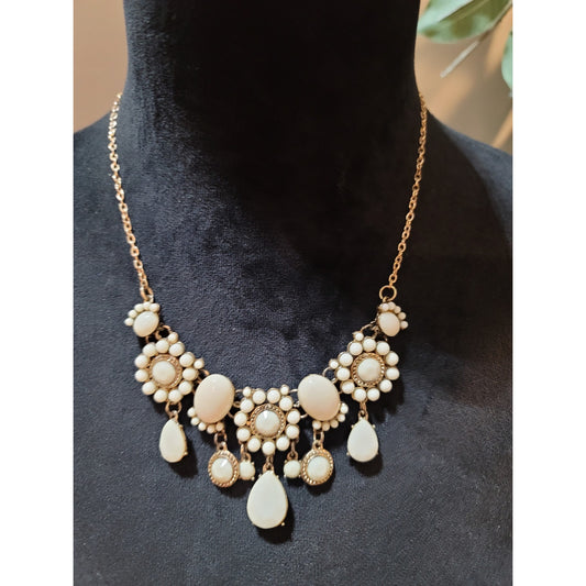 Women's Beige Teardrop Beaded Bib Necklace With Lobster Clasp Elegant Jewelry