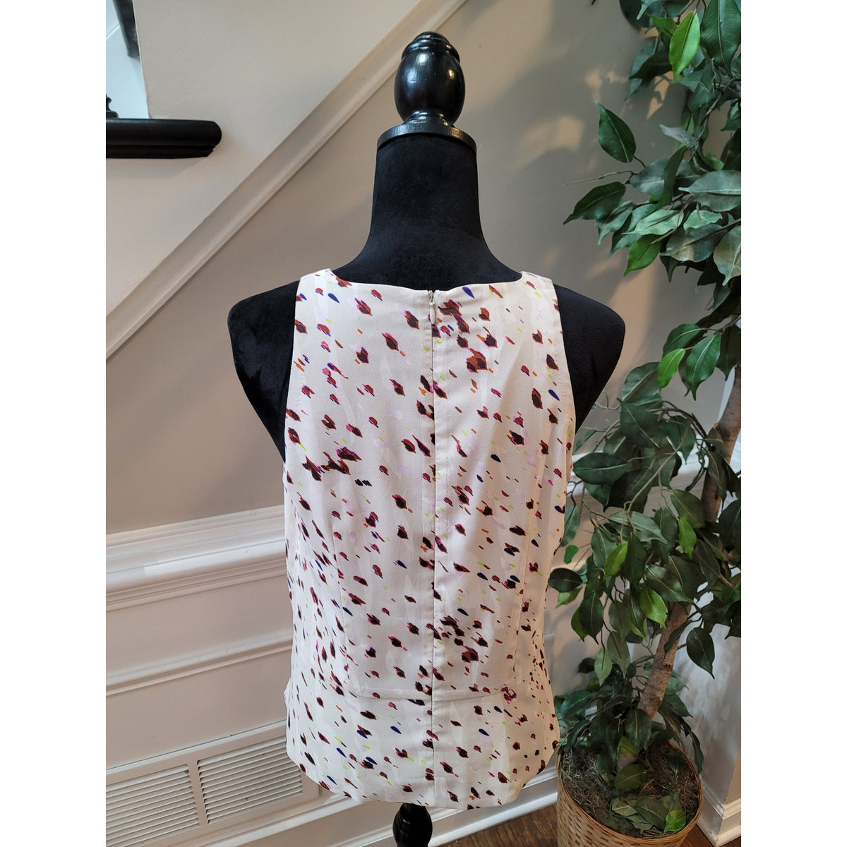 Ann Taylor Tank Top Womens SZ 6 Beige Brushstroke Round Neck Keyhole Back Zipper