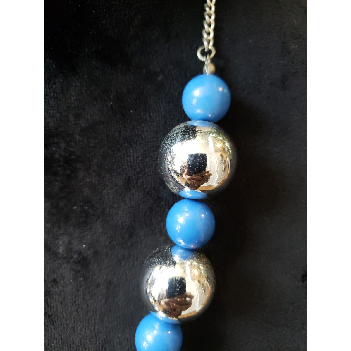 Women's Bold Beaded Necklace Chunky Blue Silver Balls Statement Lobster Clasp