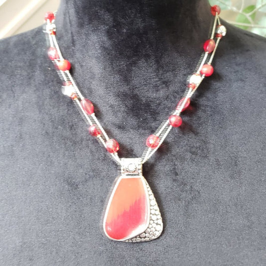 Womens Fashion Red Resin Stone Pearl Beaded Necklace Jewelry with Lobster Clasp