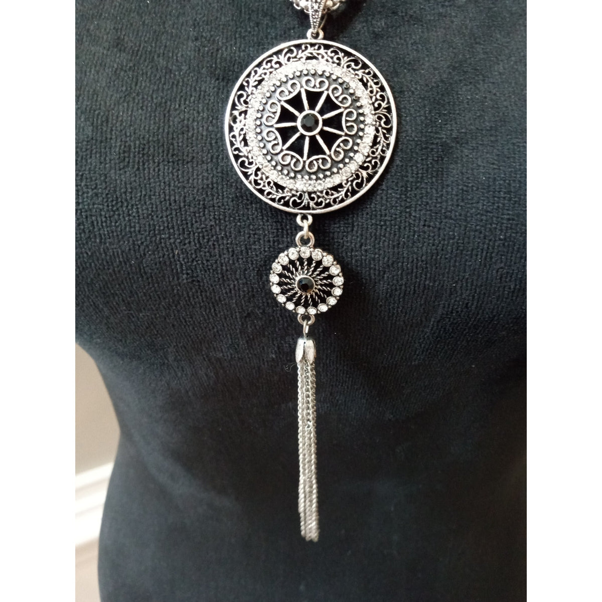 Silver Tone Filigree Medallion Pendant Necklace Long Chain Tassel Boho Statement