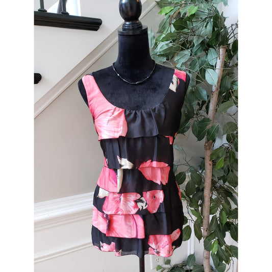 White House Black Market Tank Top Womens M Black Pink Floral Layered Scoop Neck