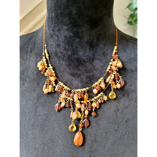 Amber Brown Crystal Fringe Statement Necklace Gold Tone Bib Boho Glam