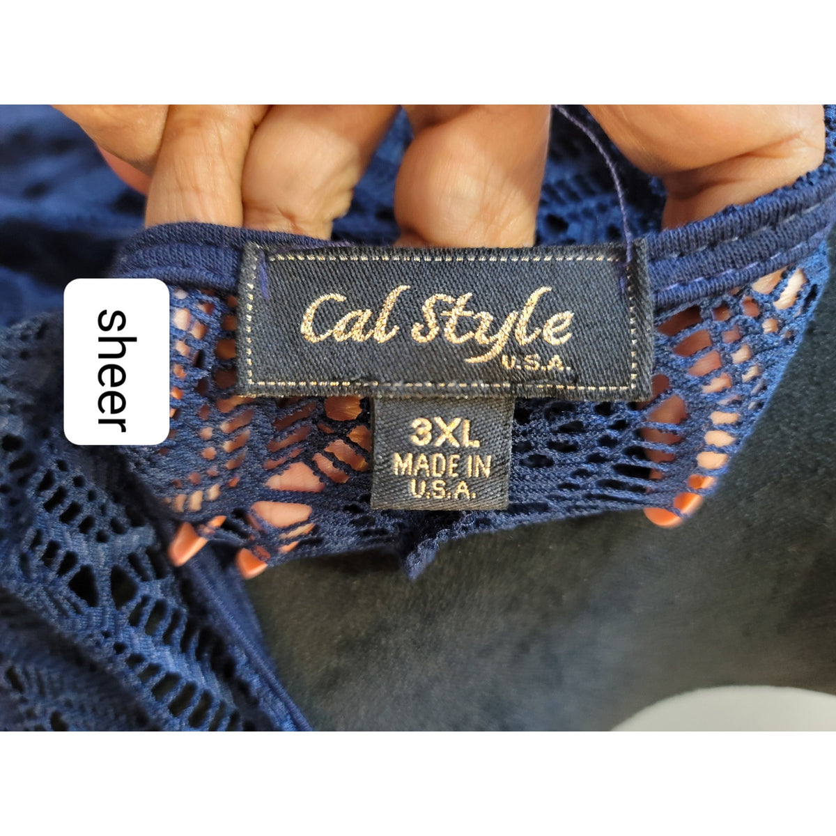 Cal Style Sheer Blouse Women's Size 3X-Large Navy Blue Boat Neck Long Sleeves