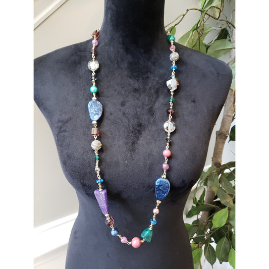 Women's Multicolor Beaded Statement Necklace with Unique Stone and Lobster Clasp