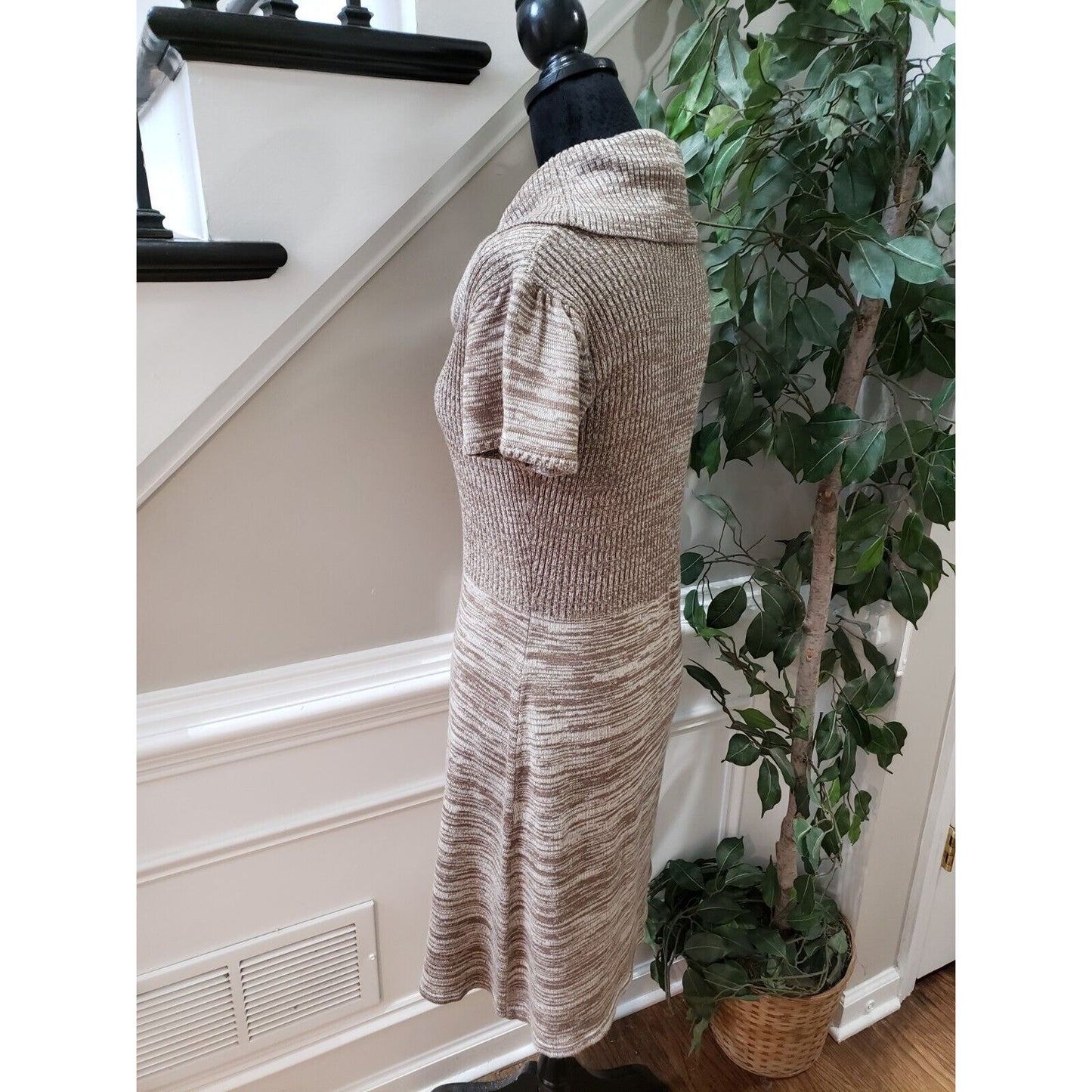 Calvin Klein Women's Beige Knit Space Dye Short Sleeve Cowl Neck Sweater Dress S