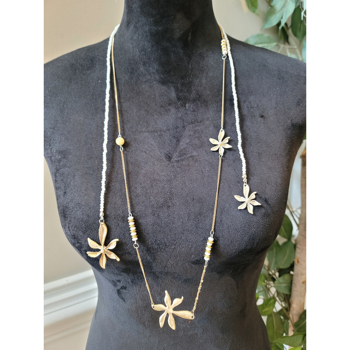 Women's Long Beaded Necklace With Floral Charms And Lobster Clasp Lock