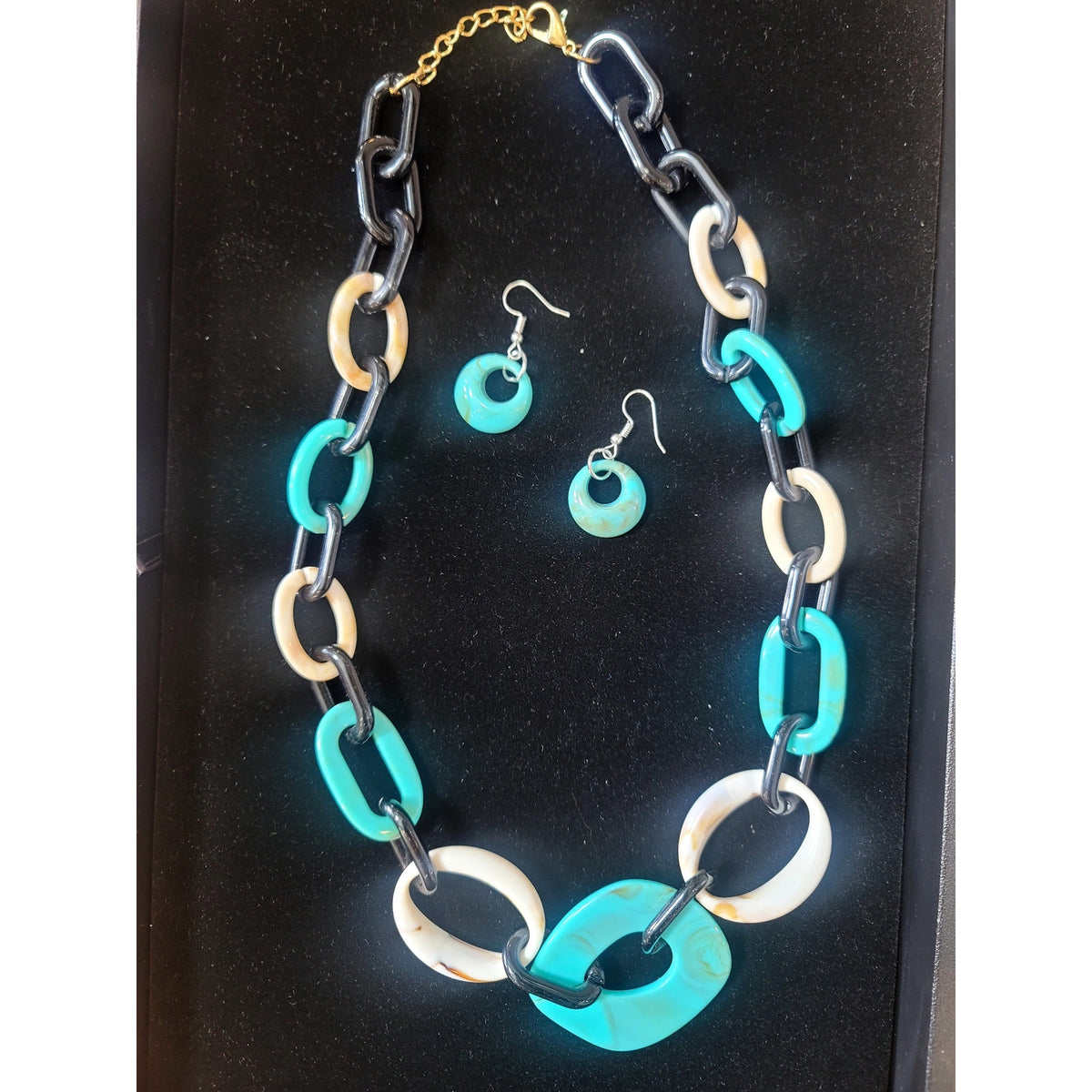 Chunky Resin Link Necklace & Earrings Set Turquoise Black White Statement Boho