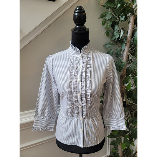 Kimchi and Blue Blouse Women Medium White Black Striped Ruffle Button Down Top