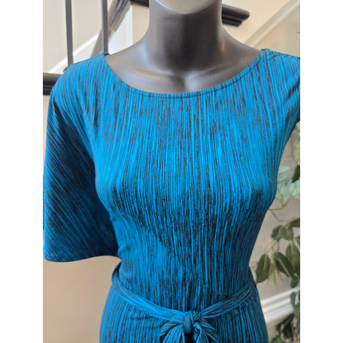 Worthington Stretch Dress Womens Small Blue/Black Space-Dye Waist-Tie One Sleeve