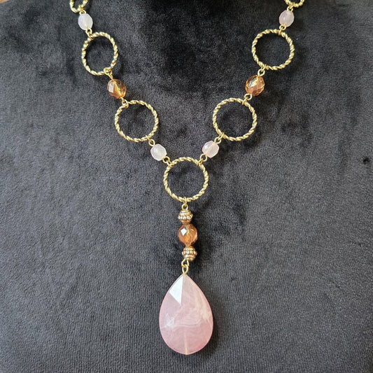 Womens Gold Tone Pink & Topaz Beads Twisted Rope Circles Linked Necklace Jewelry