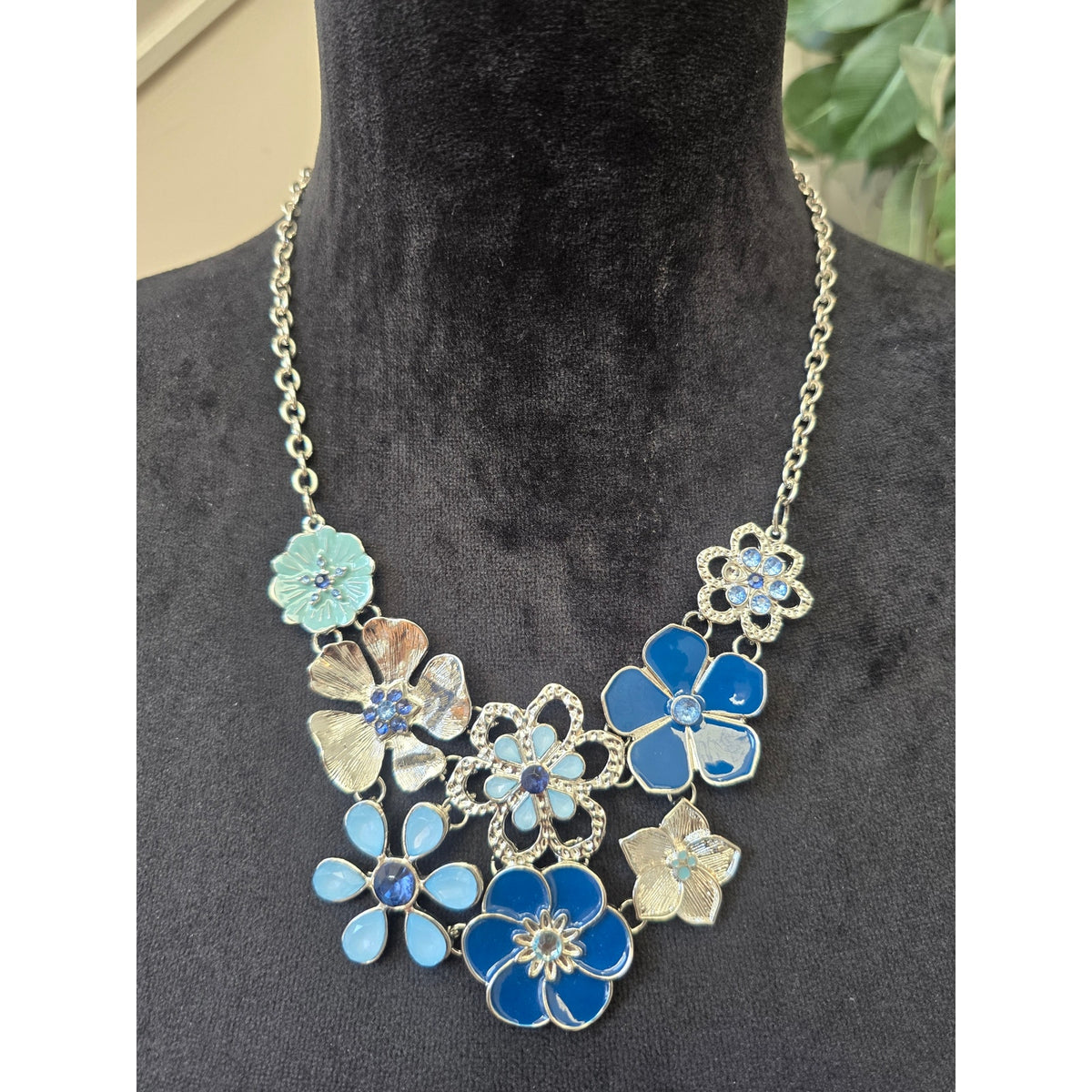 Blue Turquoise Enamel Floral Flower Cluster Silver Tone Bib Necklace