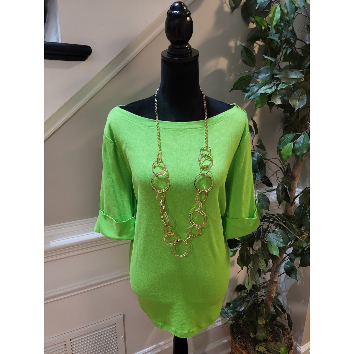 Lauren Ralph Lauren Blouse Top Womens SZ 1X Lime Green Shoulder Zipper Boat Neck
