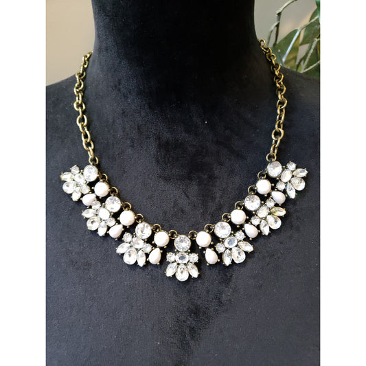Women's LOFT Statement Necklace Gold Clear White Crystal Floral Chunky Chain