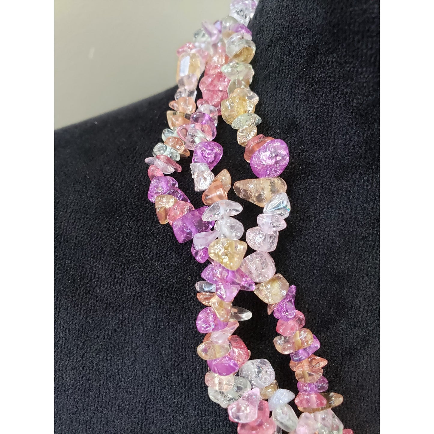 Womens 3 Strand Multi Irregular Chip Gravel Beads Necklace with Lobster Clasp