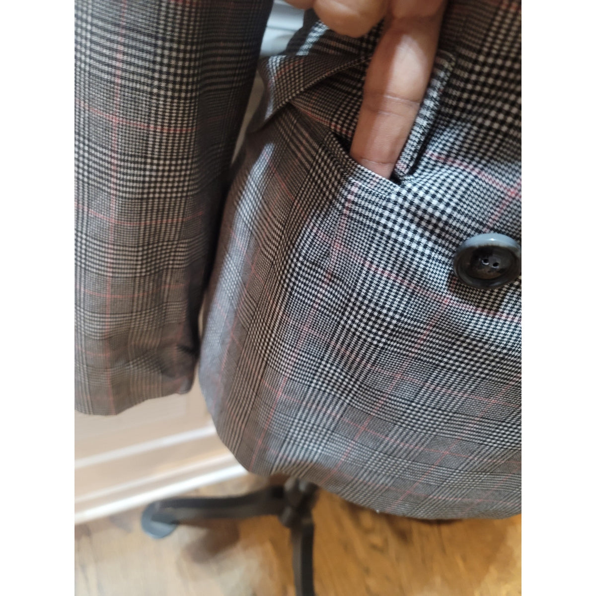 Guess Blazer Women Small Gray/Black Plaid Double Breasted Faux Pocket Lined