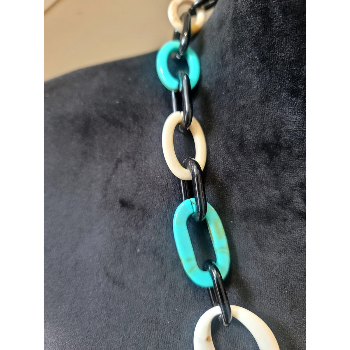 Chunky Resin Link Necklace & Earrings Set Turquoise Black White Statement Boho