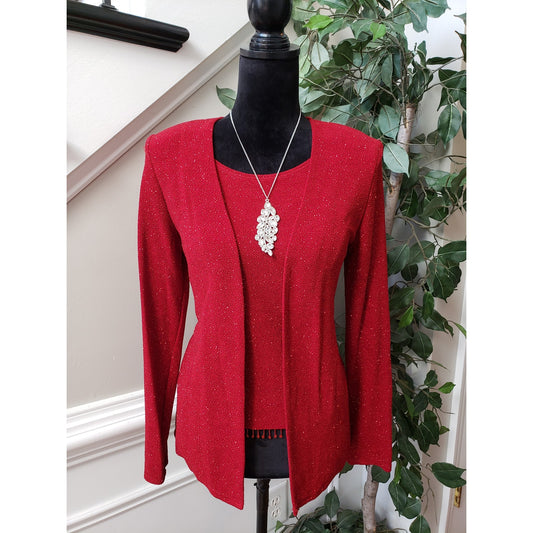 Dressbarn Cardigan Sweater Set Medium Red Sparkle Layer Shimmer Long Sleeve