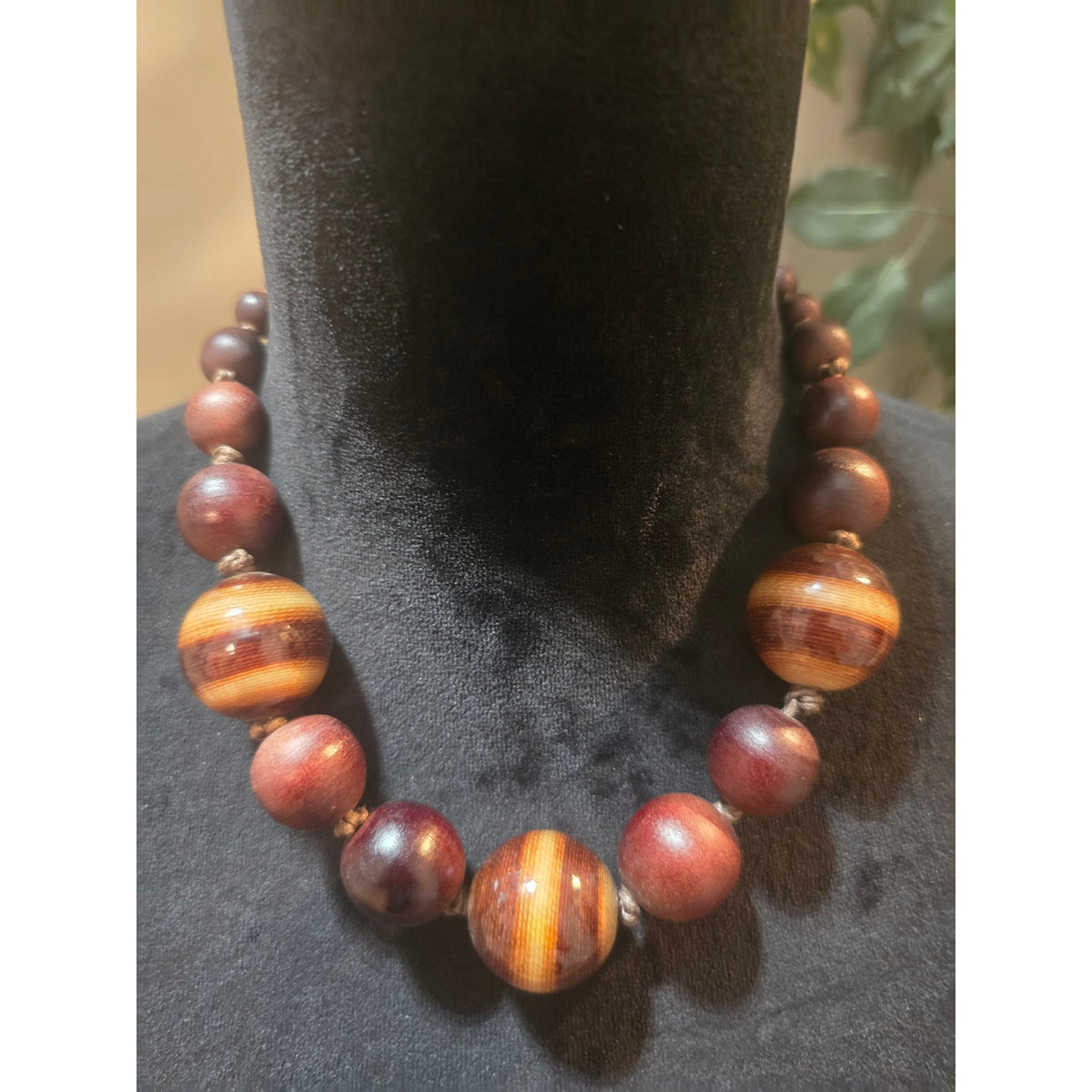 Women's Handcrafted Wooden Bead Necklace With Floral Button Loop Lock