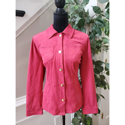 Chico's Women's Pink Long Sleeve Lined Collar Button Front Suede Jacket Size 8