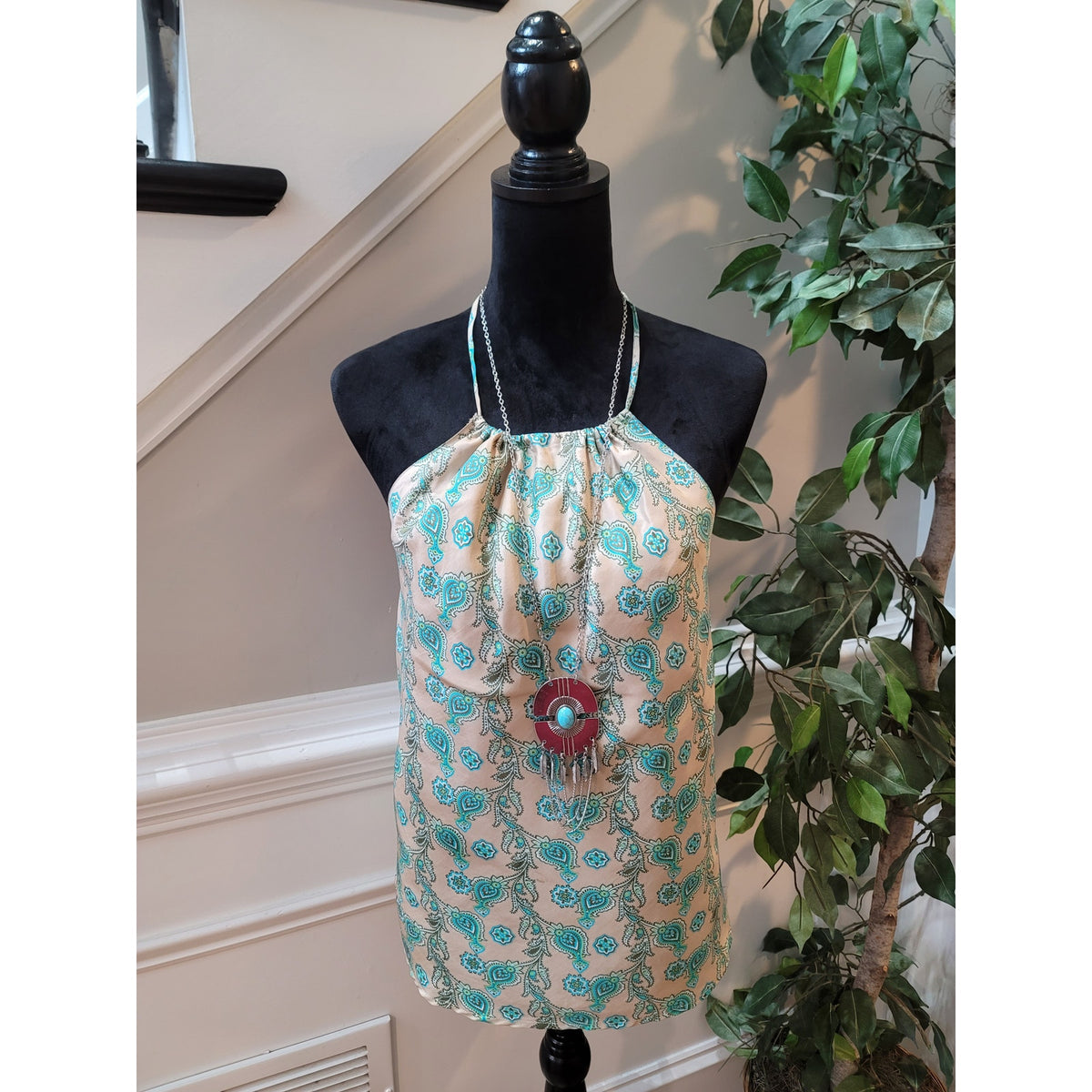 Gap Halter Top Women's SZ XL Turquoise Beige Paisley Printed Open Back Blouse