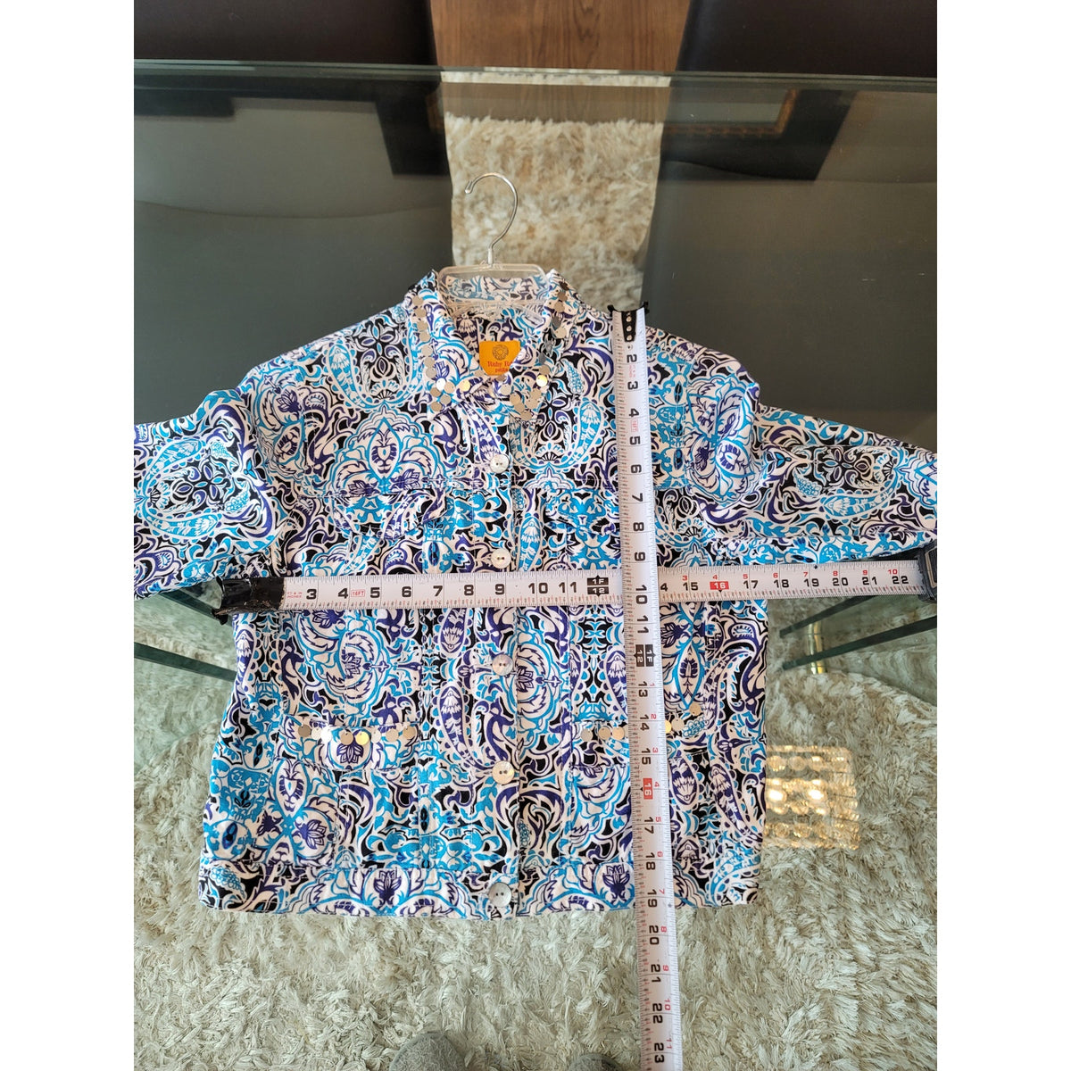 Ruby Rd. Cropped Jacket Womens SZ 10P Blue/White Paisley Button Front 3/4 Sleeve