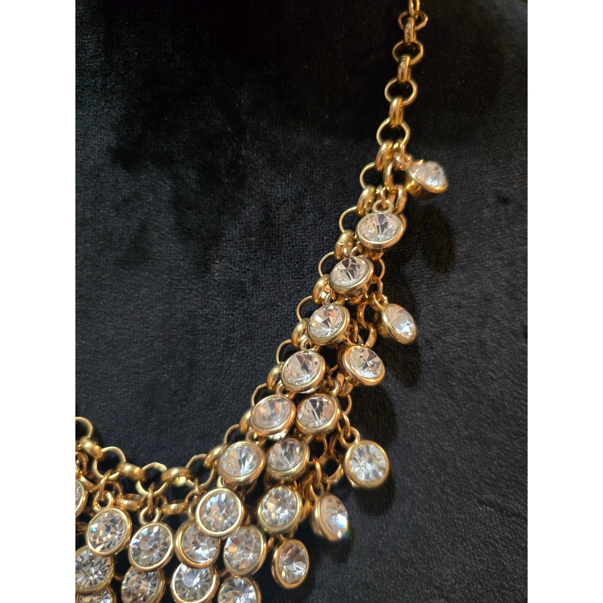 Gold Tone Rhinestone Lobster Bib Necklace Statement Layered Chain Dangle Crystal