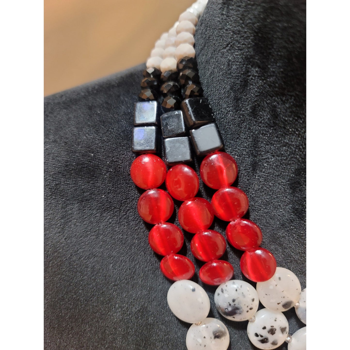 Womens Multi Strand Beaded Necklace With Red White Black Stones Spring Ring Lock
