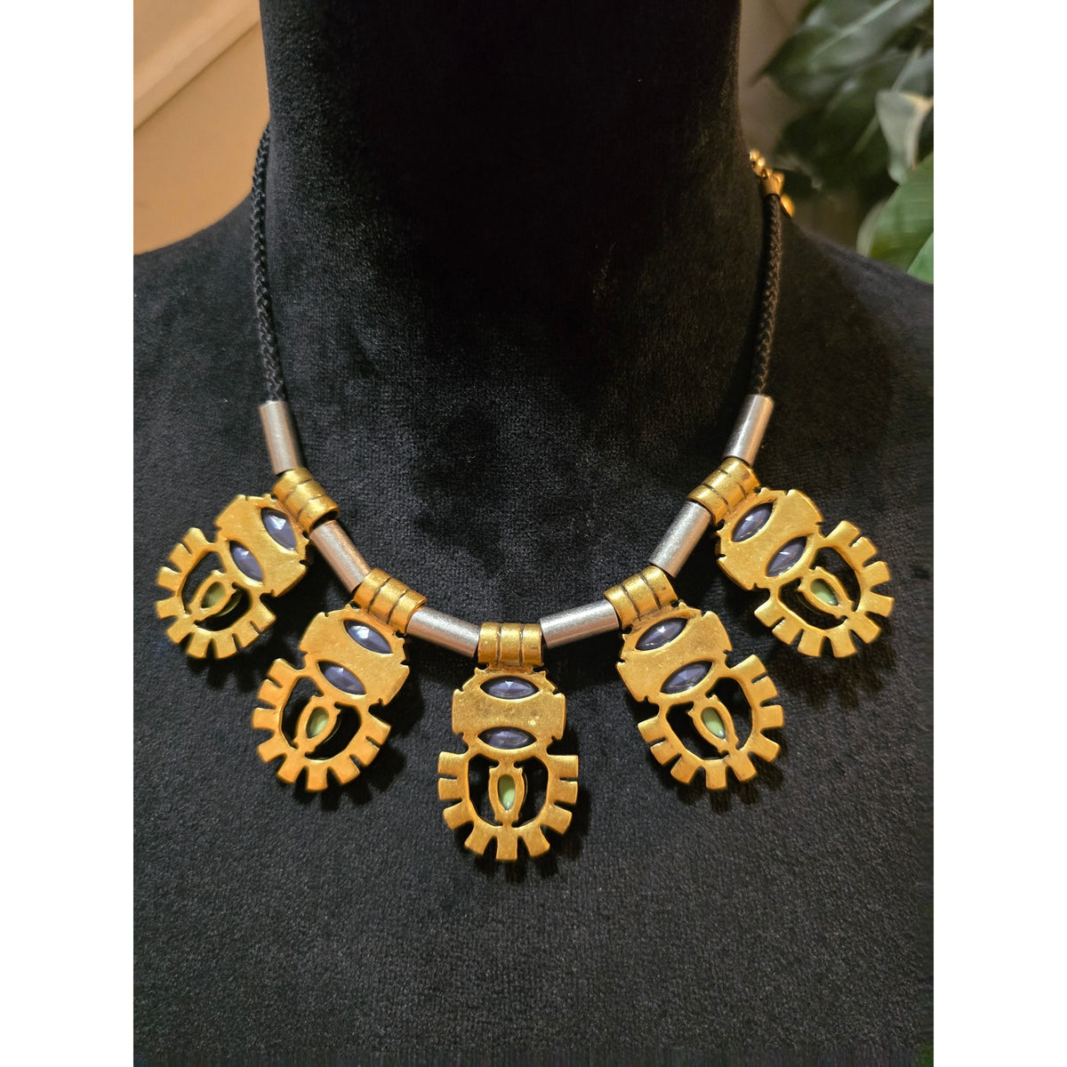 Women's J Crew Necklace Purple Green Stone Gold Tone Bib Pendant