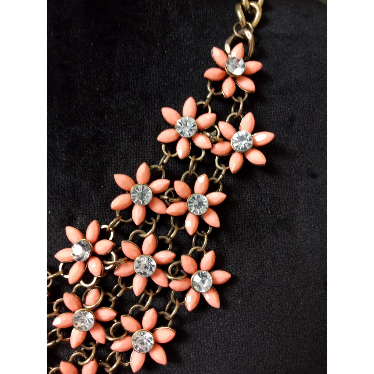 Peach Enamel Flower Statement Bib Necklace Rhinestone Gold Tone Floral Collar