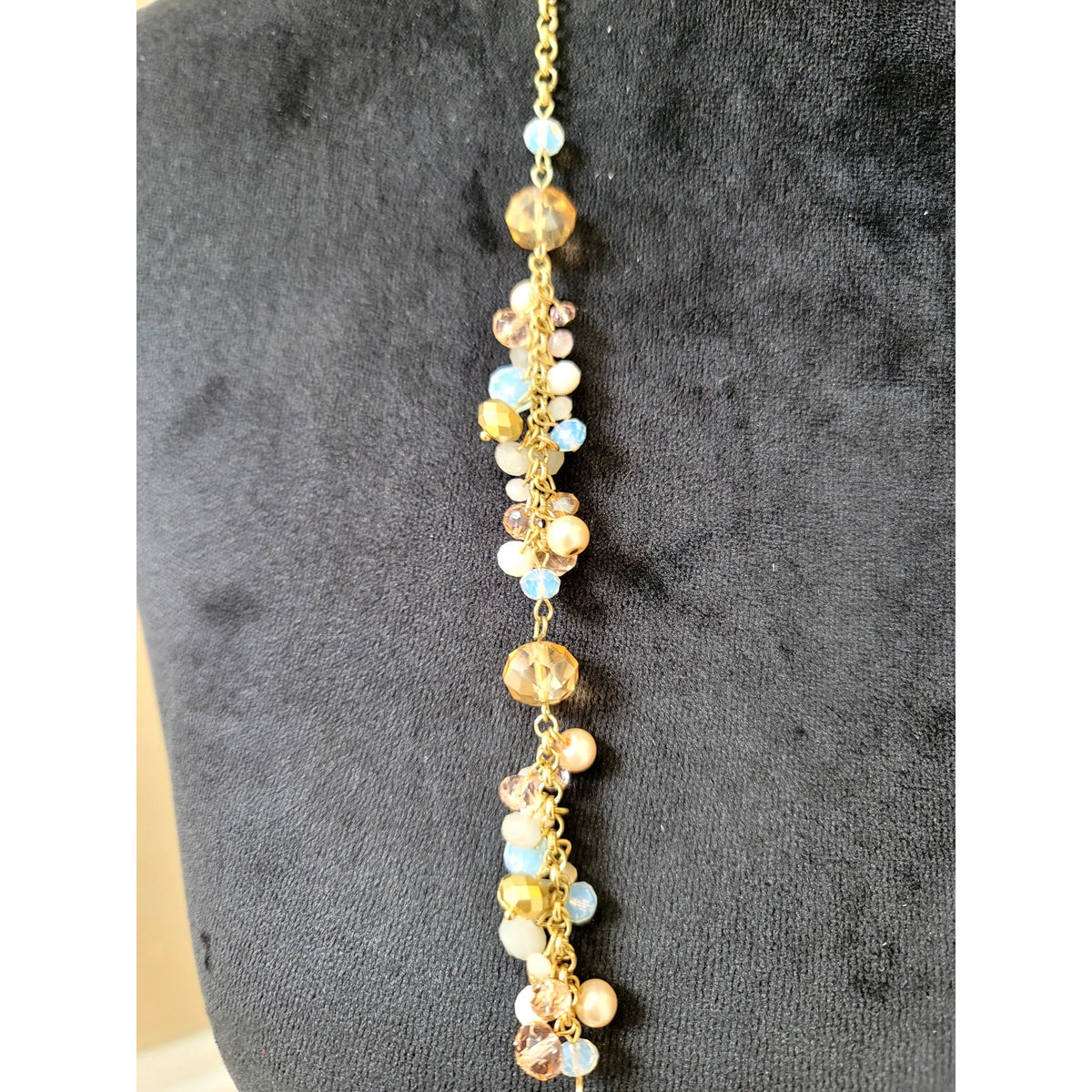 Long Gold Tone Beaded Necklace White Crystal Floral Station Layered Statement