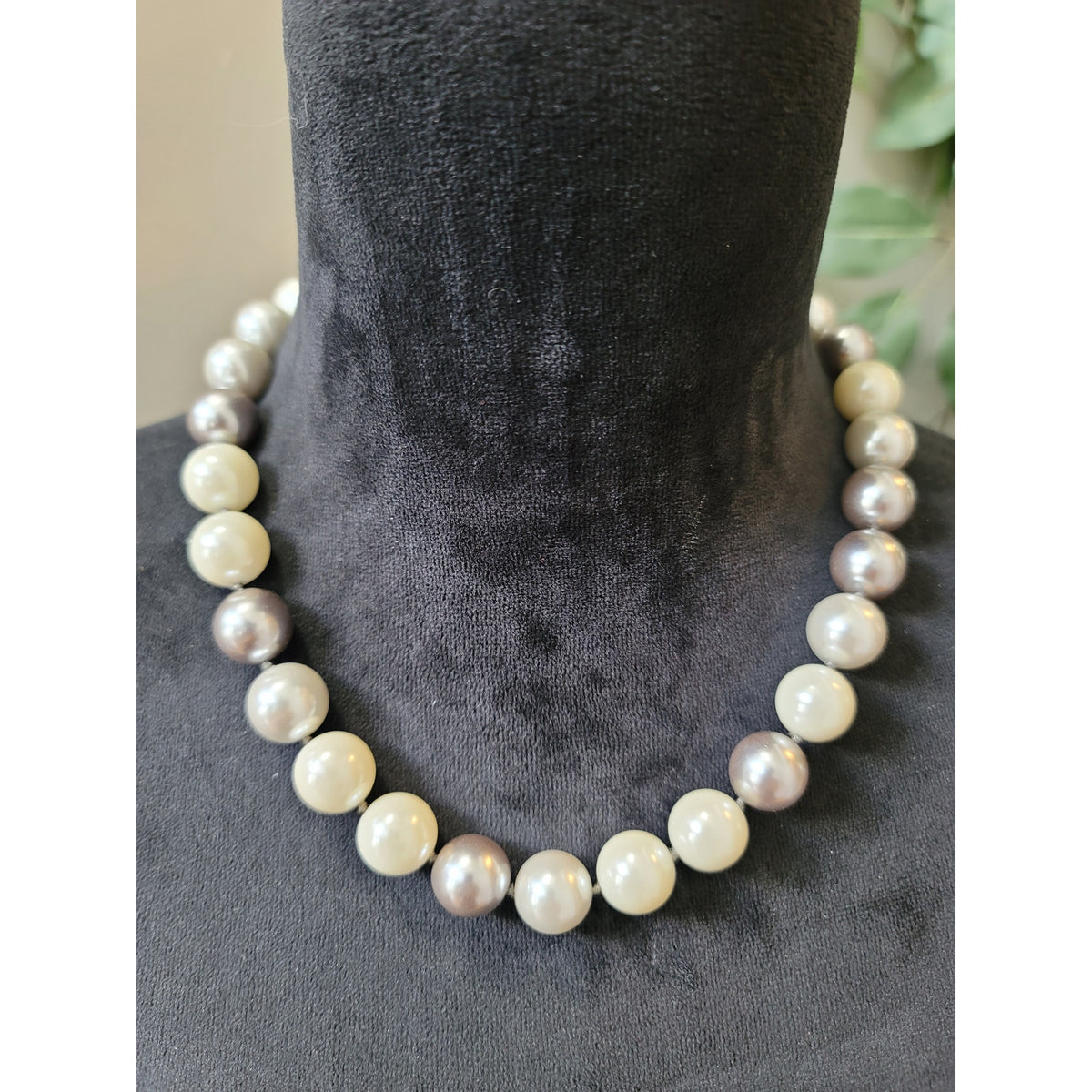 Women's Elegant White And Gray Faux Pearl Necklace With Adjustable Hook Clasp