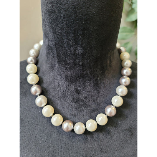 Women's Elegant White And Gray Faux Pearl Necklace With Adjustable Hook Clasp