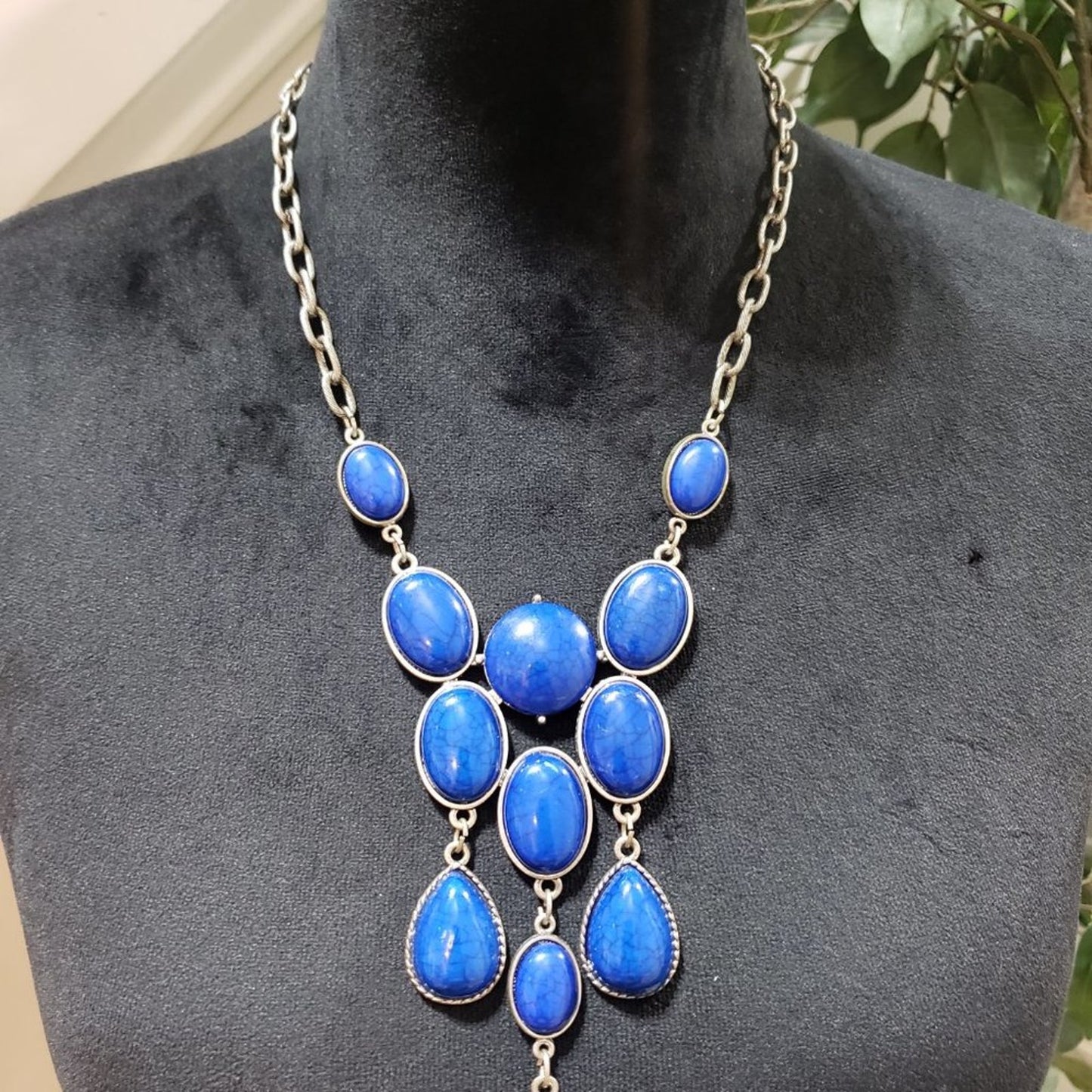 Women's Blue & Gold Chain Teardrop Beaded Stylish Statement Fashion Necklace