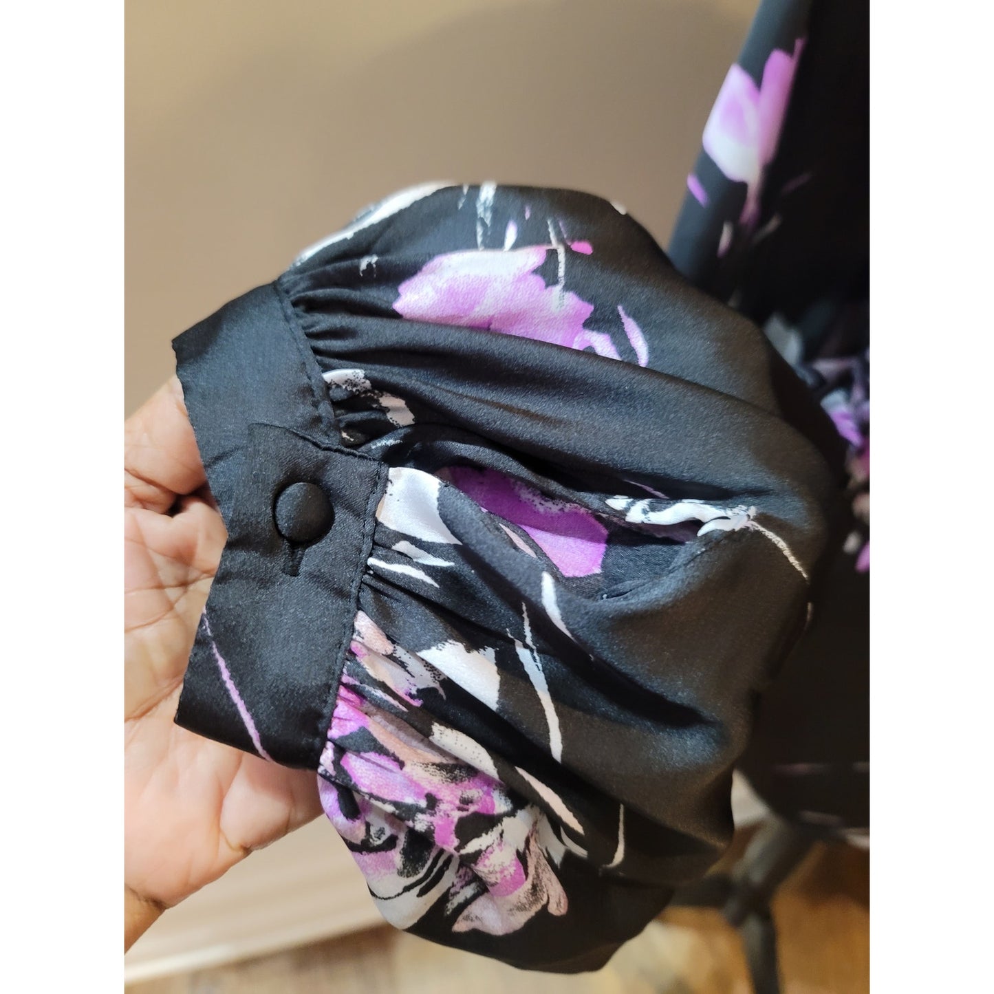 Worthington Blouse Women's Size Large Black Pink Floral Long Sleeve Top