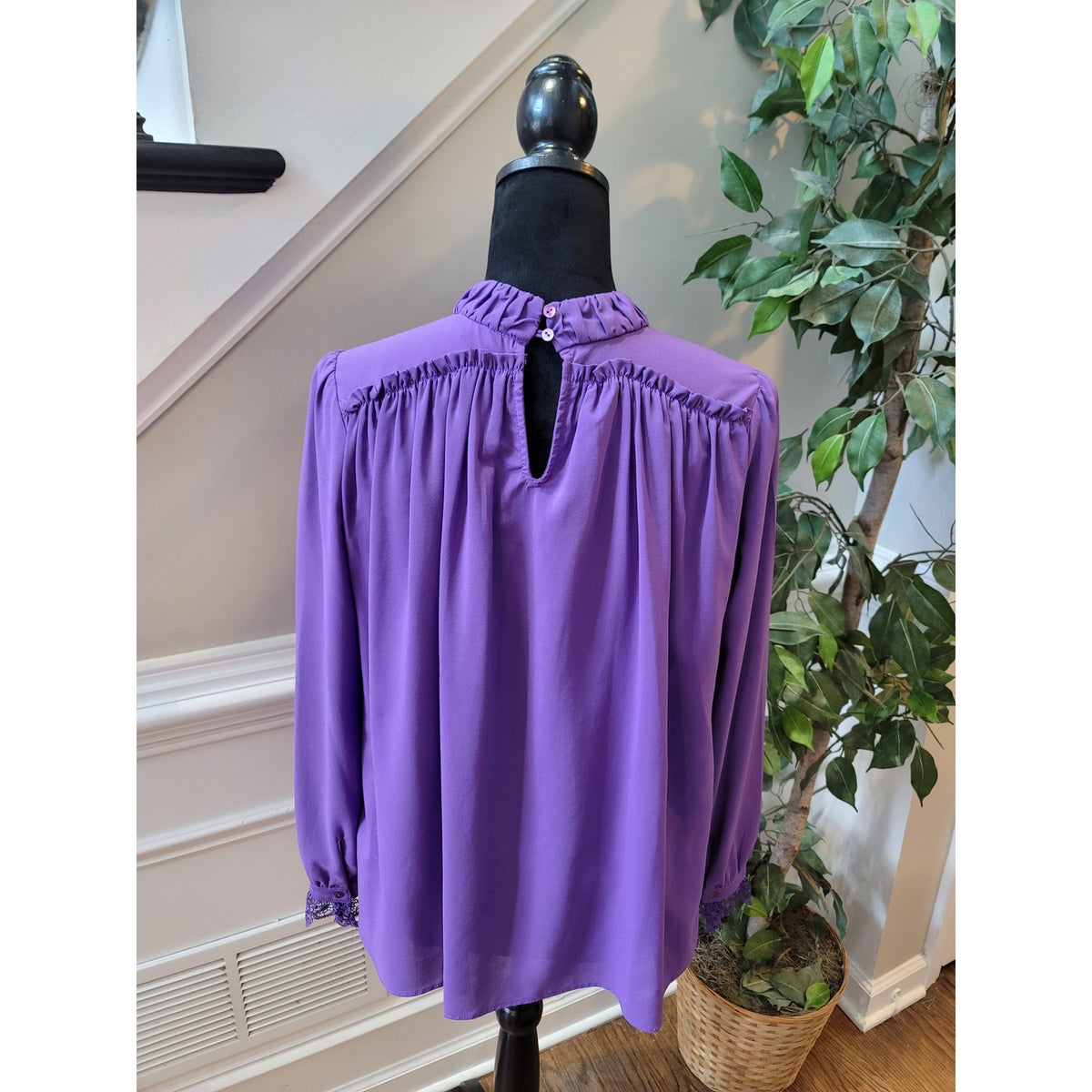 Fab'rik Blouse Small Purple Intricate Lace Trim Ruffle Mock Neck Casual Party